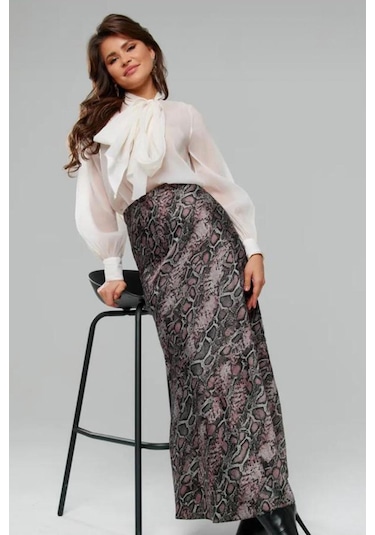 Madmext Lila Desenli Saten Kadın Uzun Etek Mg2333 Lila