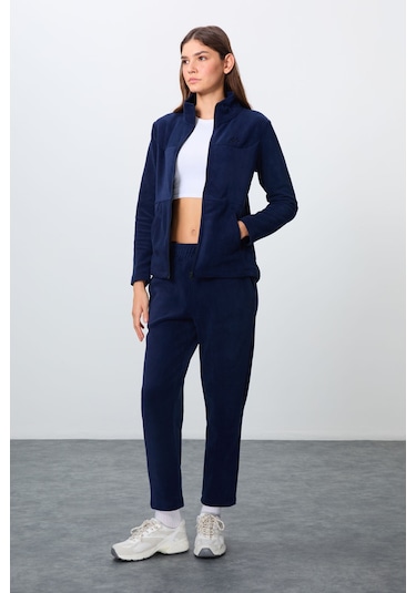 Tommy Life Lacivert Kalın Yumuşak Dokulu Dik Yaka Oversize Nakışlı Polar Kadın Eşofman Takım -95339 Lacivert