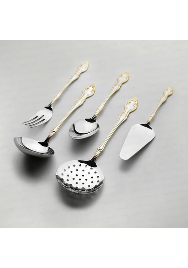 Nehir Adriana Altın Sade 5 Parça Paslanmaz Çelik Servis Takımı
