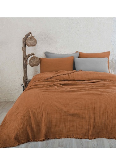 %100 Pamuk Çift Kişilik Müslin Yatak Örtüsü 4 Katlı Yumuşak Battaniye Müslin Pike Takımı 3 Parça Turuncu Turuncu