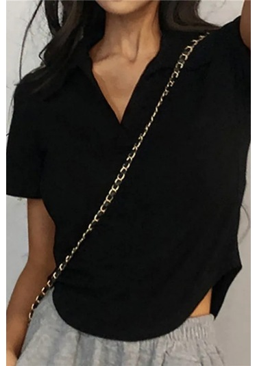 Siyah Oval Kesim V Polo Yaka Kısa Kollu Crop-17887 Siyah