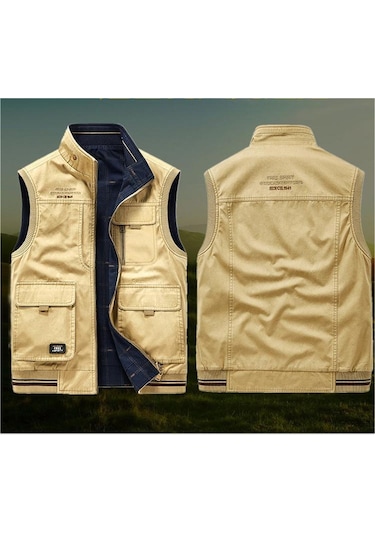 Simicg Erkek Ters Çevrilebilir Çok Cepli Dış Mekan Yelek - Haki
