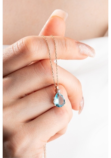 Nereze 925 Ayar Gümüş Rose Aquamarin Damla Tektaş Kolye