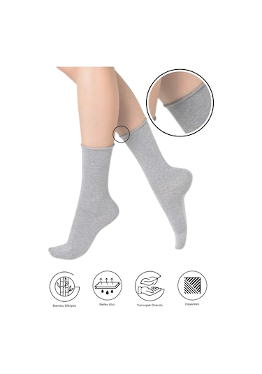Bambu Kadın Lastiksiz Gri Soket Dikişsiz Premium Çorap 3'lü Pkt Gri Melanj