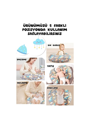 Çift Taraflı Bebek Emzirme Yastığı, Destek Minderi, Hamile Yastığı %100 Pamuklu Kumaş 001