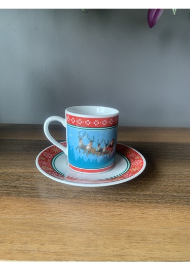 Yeni Yıl-noel Baba Geyik Model 4 Parça 2 Kişilik Porselen Türk Kahvesi Fincan Takımı Çok Renkli