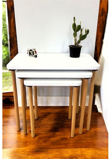 Doğal Ahşap Ayaklı 3'lü Zigon Sehpa Seti Beyaz