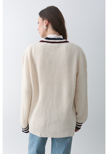 Krem - Bordo Renkli Cepli Hırka - 241143 Krem