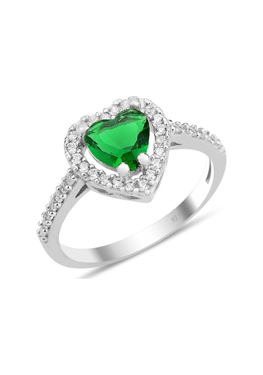 Gümüş Rodyumlu Yeşil Taşlı Pırlanta Montürlü Kalp Modeli Yüzük