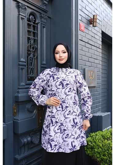 Kadın Mor Çiçek Desenli Pamuk Dokuma Kumaş Tunik Gömlek Etekli Takım Tk1412 Mor