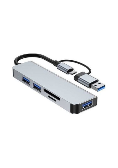 Fortunelane Usb3.0 5gbps + 3xusb2.0 + Sd/tf Okuyucu 5-in-1 Hub: Alüminyum Gövde, Gri Renk Type-c'den Usb'ye Çevirici