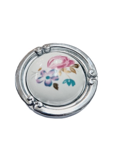 Porselen Düğme Kulp Metal Krom Çiçekli / 5 Adet Krom