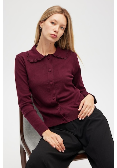 Peraluna Laila, Düz Örgü, Polo Yaka, Kadın Triko Hırka - Bordo Bordo