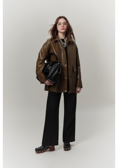 Halsey Dokulu Deri Ceket Yeşil Yeşil