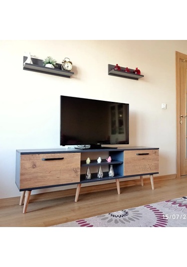 Ms 90 Mdf Tv Ünitesi Dolabı Raflı Antrasit Ceviz