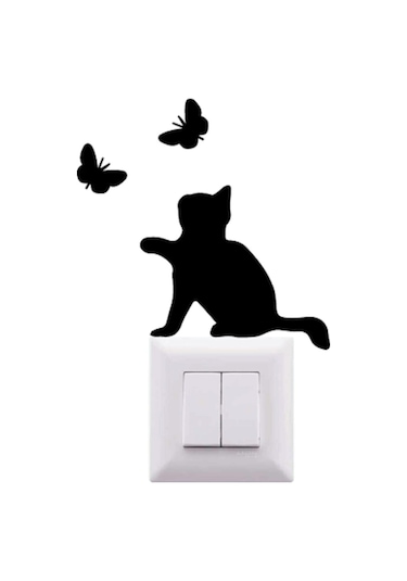 Kedi Kelebek Priz Üstü Duvar Süsü Siyah