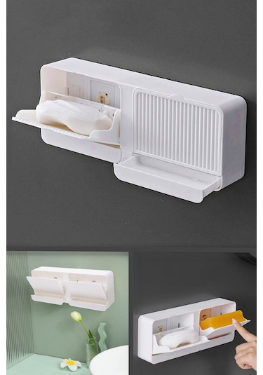 2 Bölmeli Yapışkanlı Duvara Monte Mutfak Banyo Katı Sabunluk Beyaz