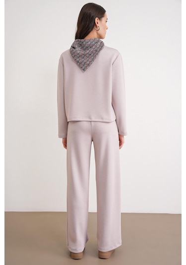 2026 Kadın Fular Detaylı Modal Alt Üst Eşofman Takım Bej Bej