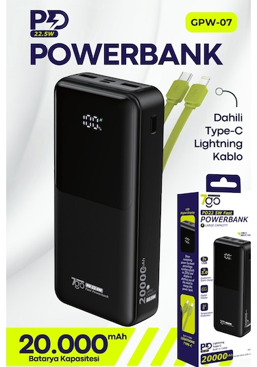 7go Gpw-07 20000mah Pd22.5w Hızlı Şarj Powerbank Siyah Dahili Type-c & Lightning Kablo Dijital E Siyah