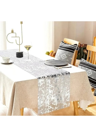 Mufunye Premium Sentetik Masa Örtüsü, 28x270 Cm, Dayanıklı Ve Lüks Altın Desenli, Dıy Projeler İçin İdeal Gümüş