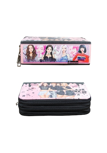 Kalem Kutusu Black Pink Blink Orginazer Vegan Deri Üç Bölmeli K