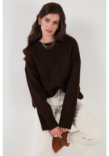 Lela Regular Fit Bisiklet Yaka Basic Triko Bayan Kazak 4616213 Kahve