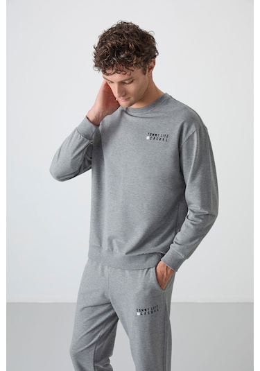 Tommy Life Gri Melanj Casual O Yaka Lastik Paça Pamuklu Erkek Oversize Eşofman Takımı - 85120 GRİ MELANJ