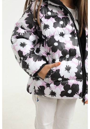 Freemen Kız Çocuk Beyaz Mor Çiçek Desen Polar Su Ve Rüzgar Geçirmez Kapüşonlu Şişme Kışlık Mont Beyaz