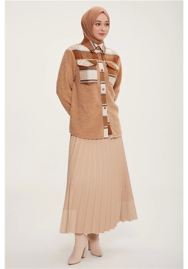 Armine Ekose Garnili Peluş Ceket 22k5005 Gri Camel