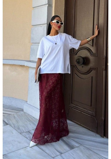 Crimson Grace Kadın Bordo Dantel Maxi Etek Şık Yazlık Tasarım Bordo
