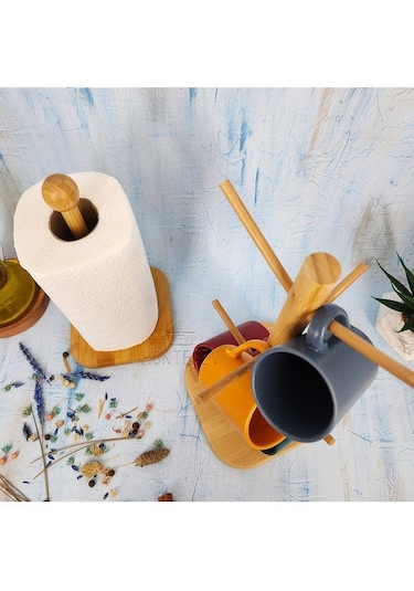 Ahşap Bambu Bardak Kupa Fincan Askılığı Kağıt Havluluk 2li Set