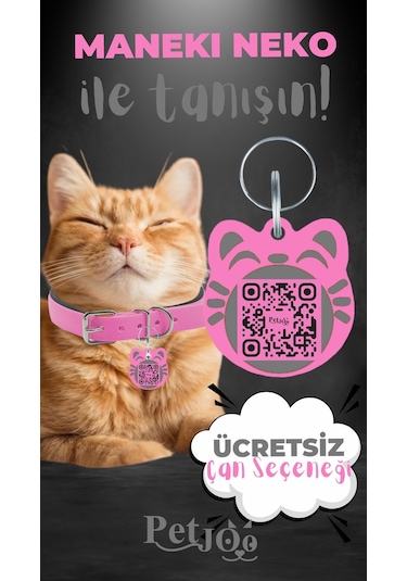 Petjoo 4.Maneki Neko Gri-Pembe Qr'lı Kedi Künyesi