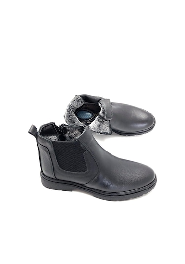 Derilax Hakiki Deri Ortopedik Jel Tabanlık Kürklü Kışlık Erkek Bot Siyah