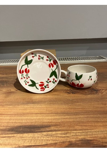 Büyük Kiraz Desenli Tabaklı Seramik Kupa, Mug, Double Türkkahvesi