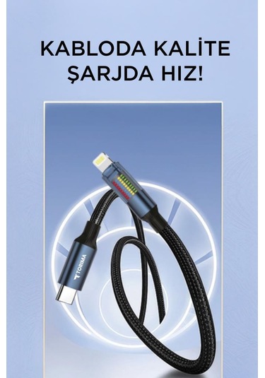 Torima U21 Type-c To Lightning 27 W Led Ekranlı Dayanıklı Örgü Hızlı Şarj Kablosu Siyah