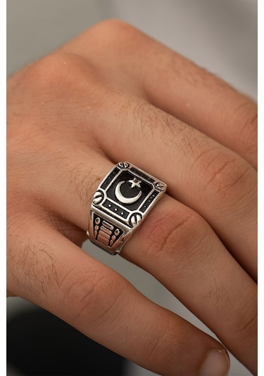 Gümüş Kaplama Ay Yıldız Bayrak Erkek Yüzük Gümüş