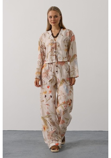 Çiçek Desen Önü Bağlamalı Pantolon Takım - Taş Altın