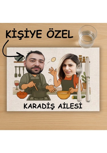 Kişiye Özel Karikatür Baskılı Çift Tasarımlı Amerikan Servis, Tabak Altlığı & Ev Hediyesi, 2 Adet Krem