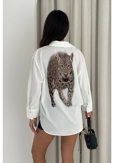 Kaplan Desen Baskılı Taşlı Gömlek Beyaz