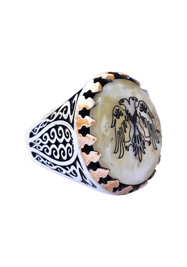 Erkekler İçin Sterlin Gümüş Yüzük - Doğal İnci Taşı Ve Çift Başlı Kartal Tasarımı Gümüş