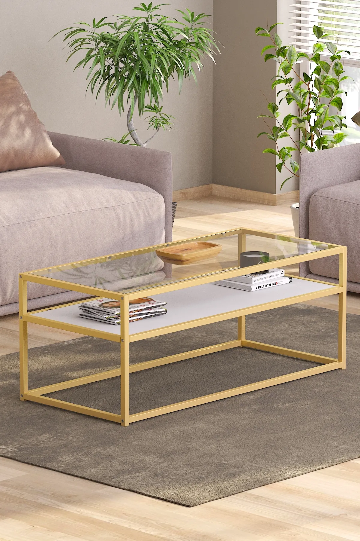 Modern Metal Iskeletli Temper Camlı 2 Katlı Dikdörtgen Orta Sehpa Beyaz-gold-şeffaf Modern Metal Iskeletli Temper Camlı 2 Katlı Dikdörtgen Orta Sehpa Beyaz-gold-şeffaf