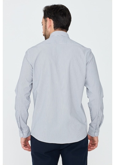 White Stone Füme İnce Çizgili Dynamic Fit Uzun Kollu Gömlek