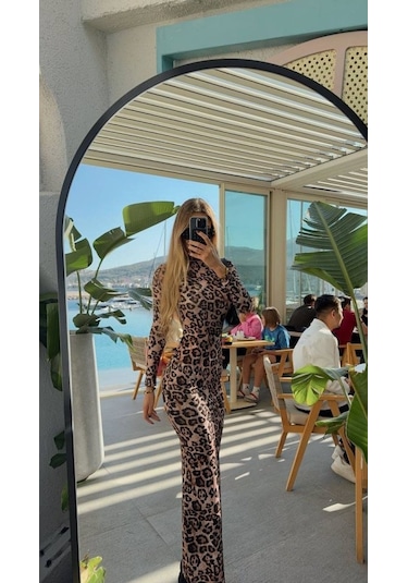 Moderie Butik Kadın Leopar Desenli Sırt Dekoltelı Maxı Boy Elbise S