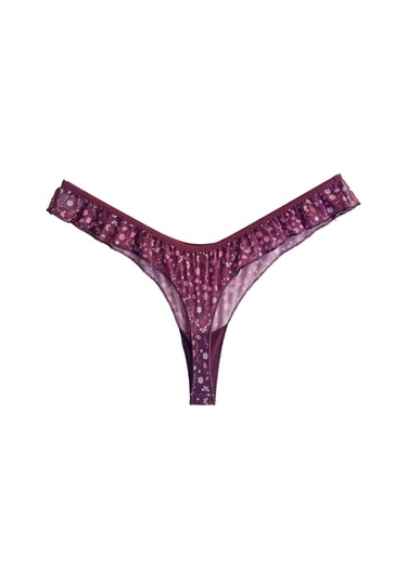 Mürdüm Çiçek Desenli Tül Kenarları Fırfırlı Tanga Külot Mürdüm