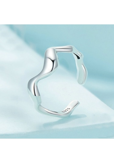 Sterling Silver S925 Simple Wavy Opening Adjustable Ring Çok Renkli