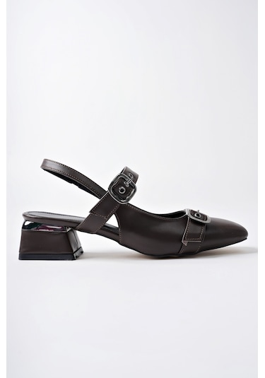 Muggo Yuqi Arkası Açık Küt Burun Çift Kemerli Kadın Günlük Klasik Kısa Topuklu Ayakkabı Kahverengi