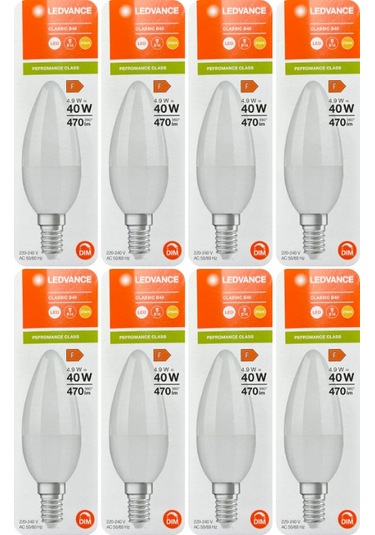 8 Adet Ledvance 4,9w 40w 2700k Sarı Işık Dim Edilebilir E14 Duylu İnce Duy Led Mum Ampul