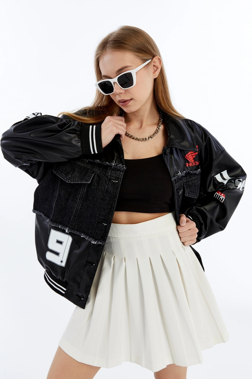 Kadın Oversize Deri Ve Kot Birleşimi Baskılı Kolej Mont Ribanalı Bomber Ceket Motorcu Yarışçı Mont Siyah