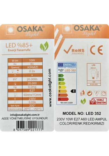 3 Adet Osaka 10w Kırmızı Işık E27 Duylu Kalın Duy Led Ampul