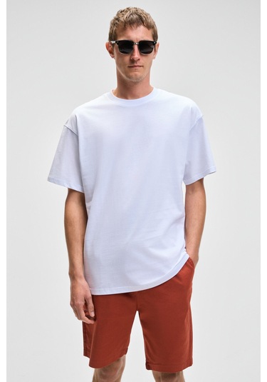 FEON Erkek Oversize Geniş Kesim %100 Organik Pamuk Kalın Dokulu Yuvarlak Yaka Beyaz T-Shirt